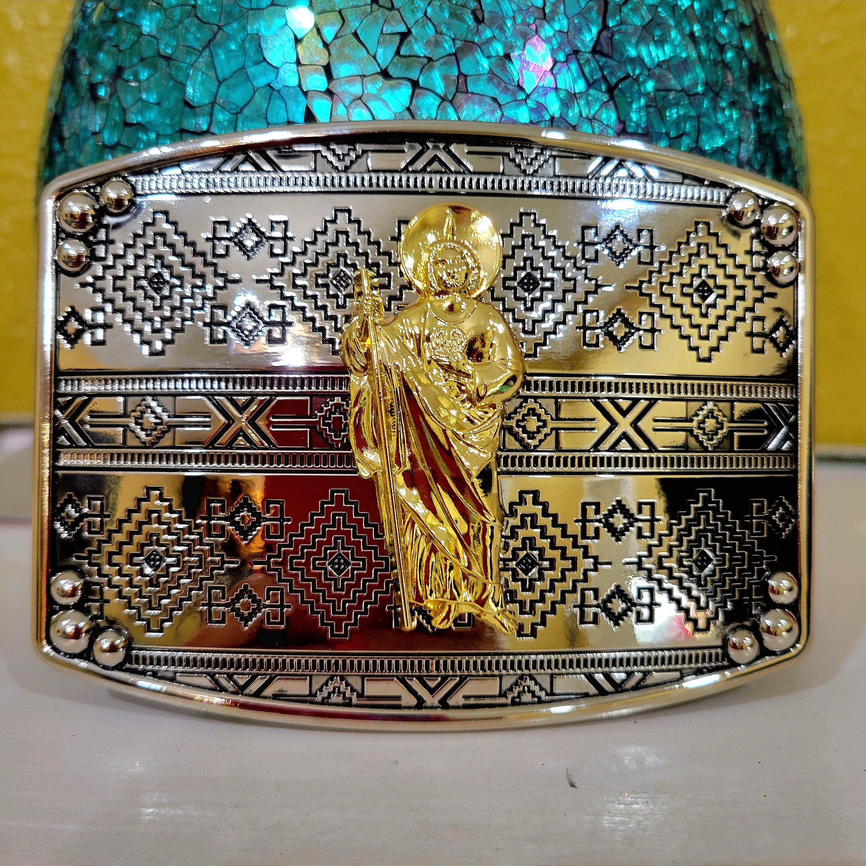 Saint Jude San Judas Western Belt Buckle Gold Silver Heavy