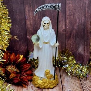 Santa muerte statue white 9 inch Holy Death statue Grim Reaper Santisima muerte on money stand housewarming gift