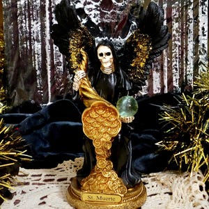 BLACK SANTA MUERTE statue 9 inch Holy Death Grim Reaper Santisima Muerte With money cone.  Halloween Day of the dead gift housewarming