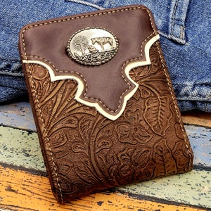 Cartera de vaquero rezando, billetera plegable corta estilo western con relieve de cuero sintético, billetera de vaquero rodeo, regalo personalizable y grabable
