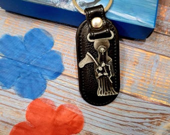 Personalized Santa Muerte Keychain  engraveable gift item Key chain with Concho Keychain Key Ring Belt black faux leather.