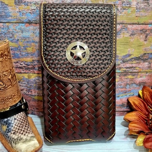 Western Leather Phone Case Lonestar Belt Loop Holster brown color sheriff,  Texas star logo basketweave pattern  for larger phones coffee