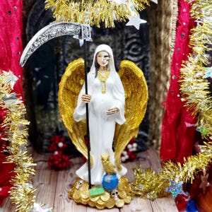 Santa Muerte Pregnant White  Statue Holy Death Embrazada 12 inch with glitter wings for love Goodluck holy Death Grim Reaper Day of the dead