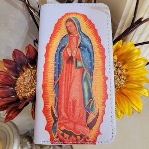Cartera Virgen de Guadalupe para mujer, plegable, con cremallera, estampada