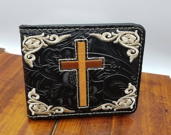 Cross Mens Wallet Personalized Western Bifold wallet Black and orange embroidered embossed engraveable faux leather religious gift for him
