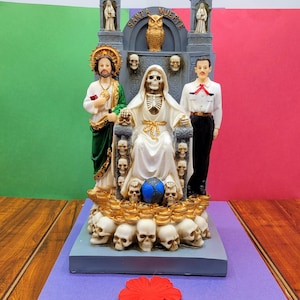 Santa Muerte Statue With Jesus Malverde & San Judas White Grim Reaper Sitting on Throne Santisima muerte