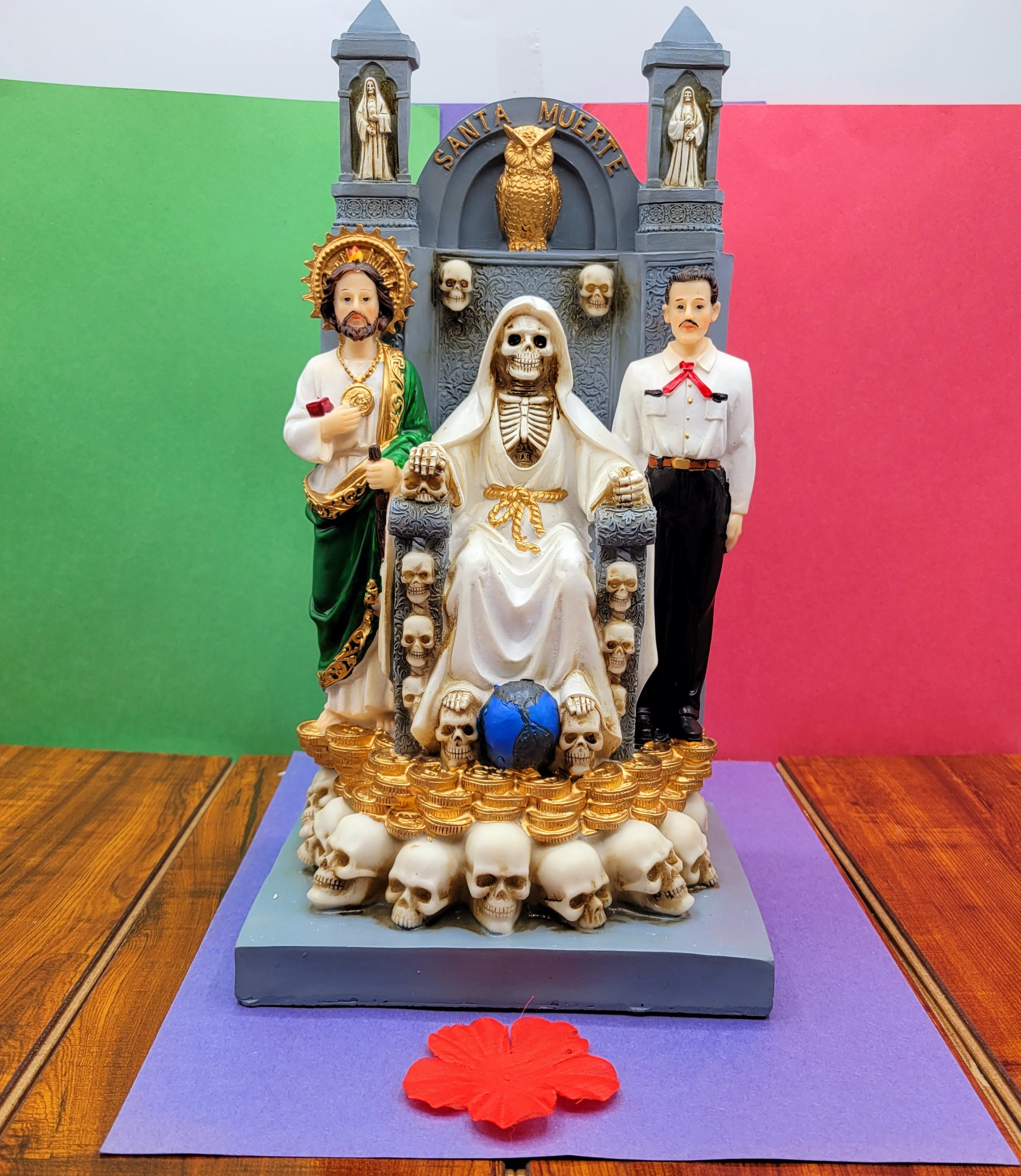 Santa Muerte Statue With Jesus Malverde & San Judas White Grim