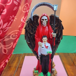 Santa Muerte & Jesus Malverde Statue Red 13" Holy Death Grim Reaper handcrafted