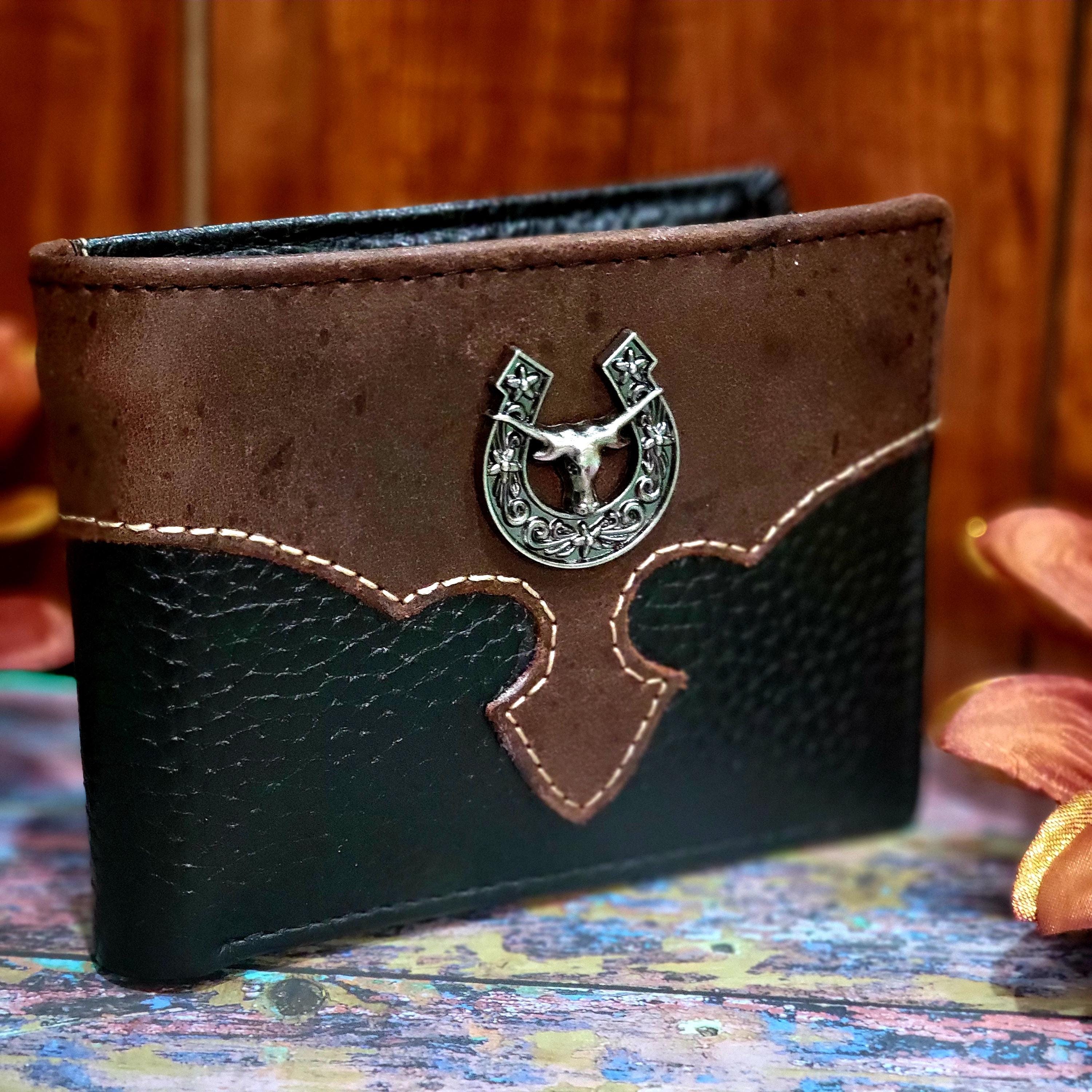 Longhorn Texas Mens wallet Western  Short Bifold brown and black handcrafted two tone rodeo wallet gift for men,  graduation,  fathers day
