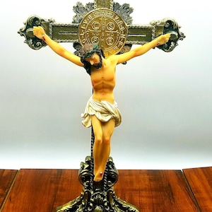 INRI Crucifix  Jesus Christ Figurine Table Stand  Altar Piece Antique Finish Gold Accents Religious statue