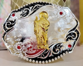 Saint Jude San Judas Western Belt Buckle Gold Silver Heavy Black Gold ...