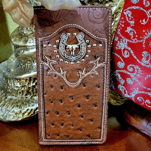 Cartera Western personalizada con forma de herradura Longhorn, regalo para hombre, billetera vaquera, billetera plegable marrón, chequera, tarjetero de cuero sintético