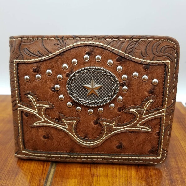 Star Mens Wallet Texas Western short  Bifold W070-13 Brown embroidered PU Vegan Leather floral embossed with star concho