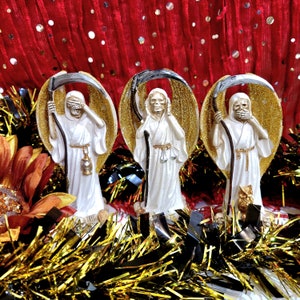 Santa Muerte Statue Set Of 3 White  Glitter See No Evil Hear No Evil, Say No Evil