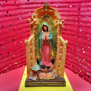 Virgen De Guadalupe Statue with Candle Stand Our Lady Of Guadalupe religious Figurine with incense handcrafted housewarming gift 13x8 inch