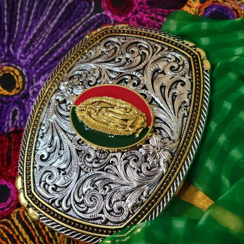 Virgen de Guadalupe belt buckle our lady of Guadalupe belt buckle virgen Mary belt buckle silvertone 4 x 3.5 inches silver and gold tone immagine 6
