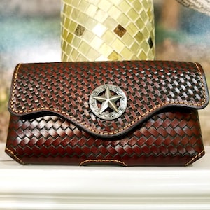 Western Leather Phone Case Star logo Belt Loop Holster holder brown color lonestar basket weave genuine leather for larger phones