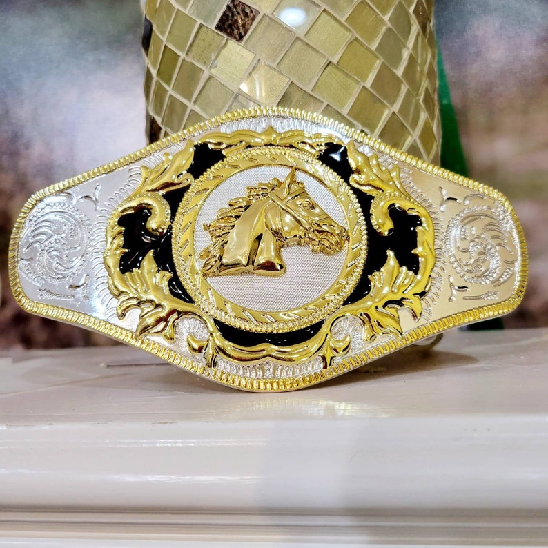 Western Horse Belt Buckle Long Rodeo Biker Buckle Gold Silver Etsy