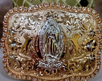 Virgen de Guadalupe belt buckle our lady of Guadalupe belt buckle virgen Mary belt buckle 4x3.5 inches rose tone and silver figure in center