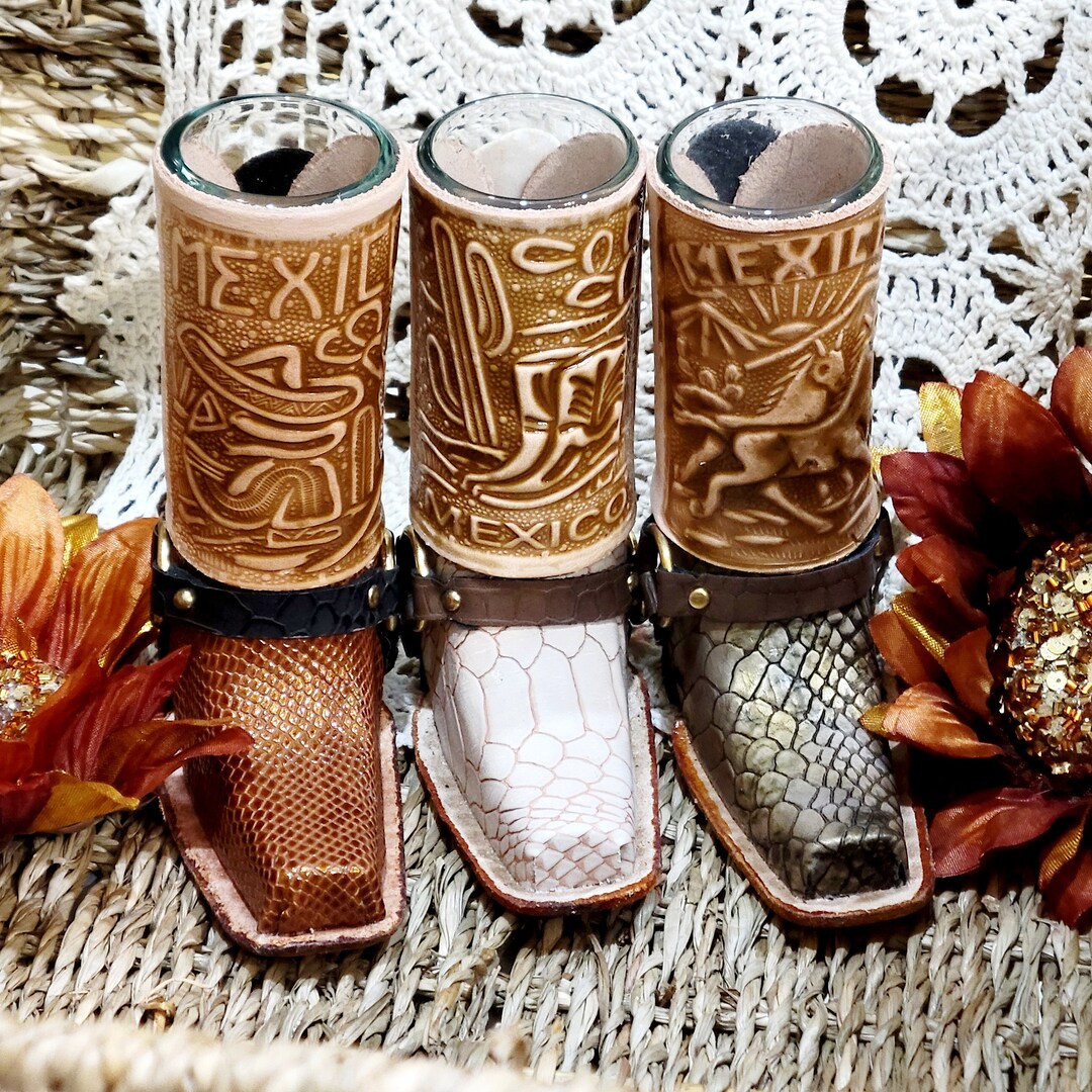 Mexican Leather Wrapped Shot Glass Table Decor, Holder Cowboy Boot