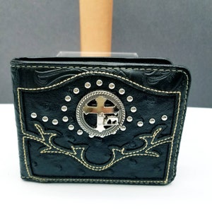 Cross Praying Cowboy western Mens Wallet Personalized engraved wallet Bifold Black short faux leather floral pattern religious wallet gift