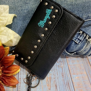 Cartera vaquera Wrangler personalizable para mujer con llavero, billetera triple, organizador de dinero, billetera negra, artículo de regalo para ella.