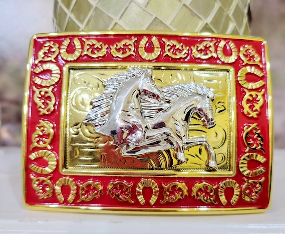 Running Horses Western Buckle Sturdy Thick Square Gold and  display picture 1
