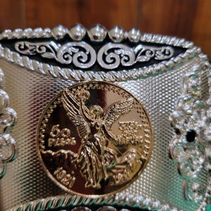 Centenario Western belt Buckle Rose Tone Gold Silver Heavy  accents jeans accessory rodeo cowboy 50 pesos faux Mexican coin  concho buckle