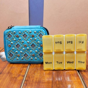 Western style pill box organizer travel box faux leather studded turquoise