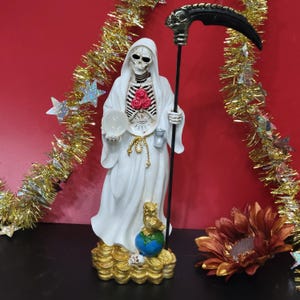 White SANTA MUERTE statue money statue 13&quot; Holy Death Grim Reaper on money coin statue day of the dead santisima Muerte with red roses