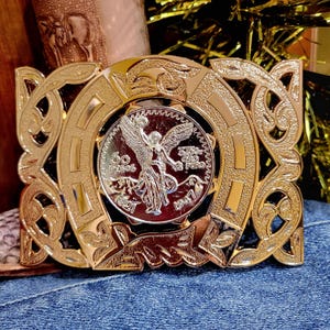 Centenario Western belt Buckle Rose Tone Gold Silver Heavy  accents jeans accessory rodeo cowboy 50 pesos faux Mexican coin  concho buckle