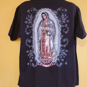 Virgen de Guadalupe T-shirt Nuestra Reyna Black with glitter size XL graphic tee