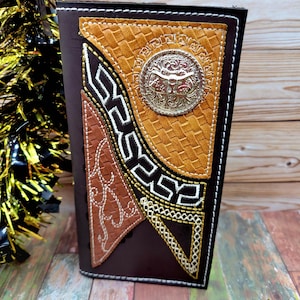 Longhorn Western wallet cowboy wallet handmade genuine leather embroidered rodeo wallet handtooled  Bifold patchwork wallet gift for men