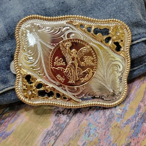 Centenario Western belt Buckle Rose Tone Gold Silver Heavy  accents jeans accessory rodeo cowboy 50 pesos faux Mexican coin  concho buckle
