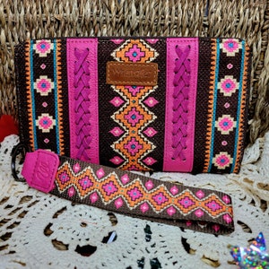 Cartera de mano Western Wrangler, estilo azteca, estilo vaquera, para mujer, estilo western, lona rosa y cuero sintético, regalo para cualquier ocasión