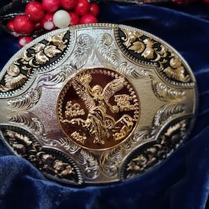 Centenario Western belt Buckle  oval Gold Silver Heavy  accents jeans accessory rodeo cowboy 50 pesos faux Mexican coin  concho buckle