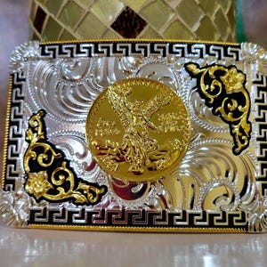 Centenario Western belt Buckle Rose Tone Gold Silver Heavy  accents jeans accessory rodeo cowboy 50 pesos faux Mexican coin  concho buckle