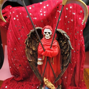 Santa Muerte red Statue 12 inch  with wings and two scythes for love Goodluck holy Death Grim Reaper