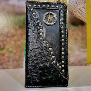 Cartera de hombre con estrella personalizada Cartera personalizada con grabado occidental Estilo chequera plegable Cuero sintético negro Regalo para él, Navidad,