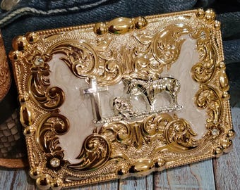 Praying Cowboy Western belt Buckle Rose gold  Silver Mother of Pearl accents  jeans accessory rodeo cowboy concho buckle