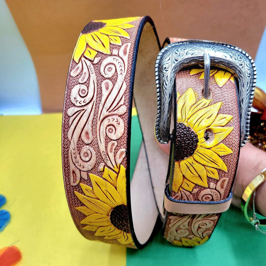 WOMEN\'S SUNFLOWER WESTERN LEATHER BELT, COWGIRL HANDTOOLED HANDPAINTED SZ 36 Women main image 4