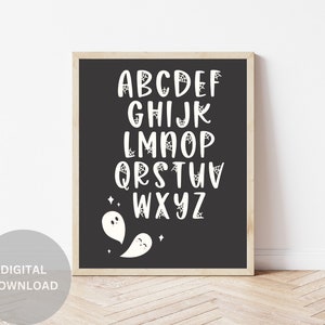 Tabla del alfabeto, cartel educativo, tema de Halloween, decoración de la escuela en casa, arte de pared para niños, arte de pared de guardería, espeluznante, arte de Halloween para niños, arte fantasma