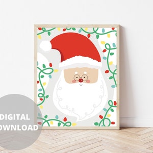Cute Santa Claus, Two Variations, Christmas Wall Art, Santa Art, Holiday Art, Baby Nursery Art, Kids Room, Gray Christmas, String Light Art