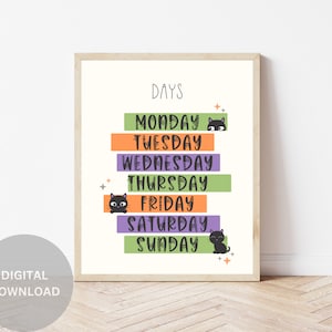 Days of the Week Chart, Educational Poster, Halloween Theme, Homeschool Decor, Kids Wall Art, Nursery Wall Art, Kids Halloween Art