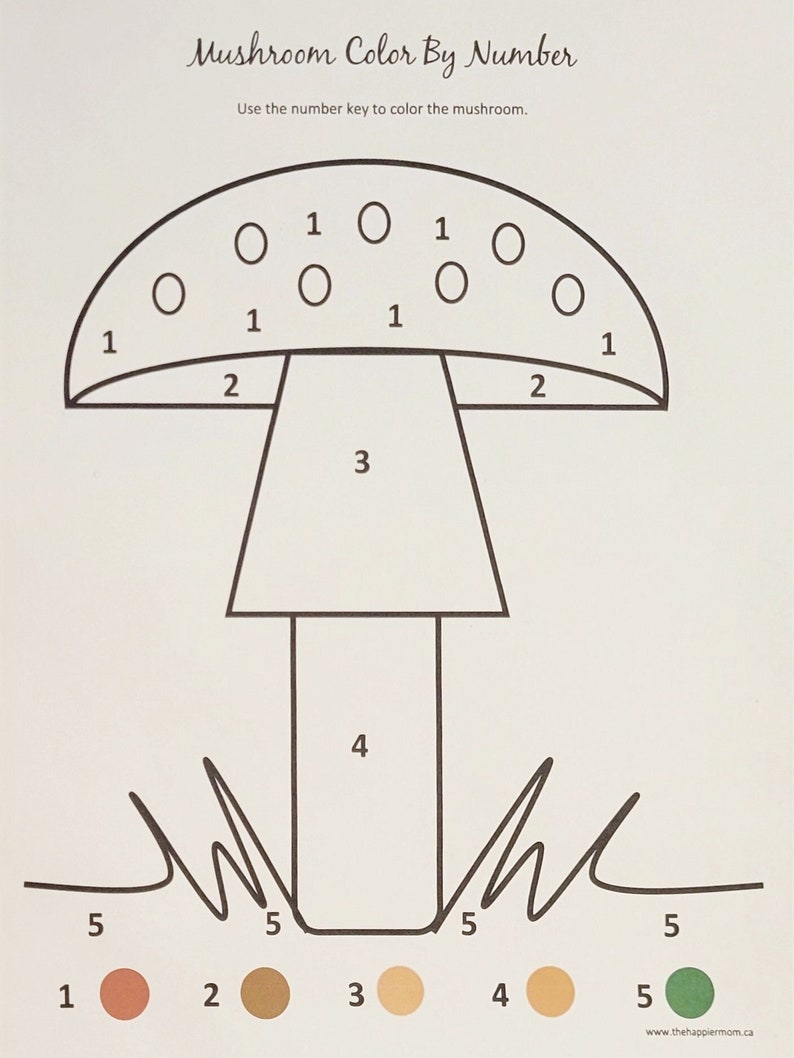 Mushroom Color by Number Printable Page for Kids, Mushroom Coloring