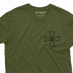 Armed Forces of Ukraine Emblem T-shirt ZSU Mens Tee Shirt Camo Military Green President Zelenskyy Cross and Trident log Tee