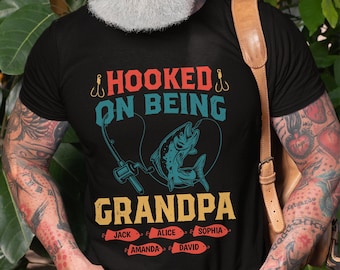 Hooked on being Grandpa T-shirt Custom grandkids names papa Tee shirt add your names Grandpa fishing tee
