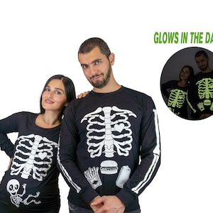 Halloween świecące w ciemności szkielet para długie rękawy koszulki ciążowe ciąża rentgenowskie dziewczynka chłopiec klatka piersiowa kości męskie jedzenie burger koszula