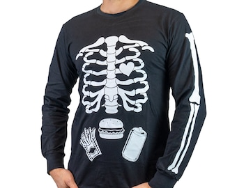 Camisa de manga larga con esqueleto de Halloween para hombre que brilla en  la oscuridad, huesos de caja torácica, comida divertida, hamburguesa,