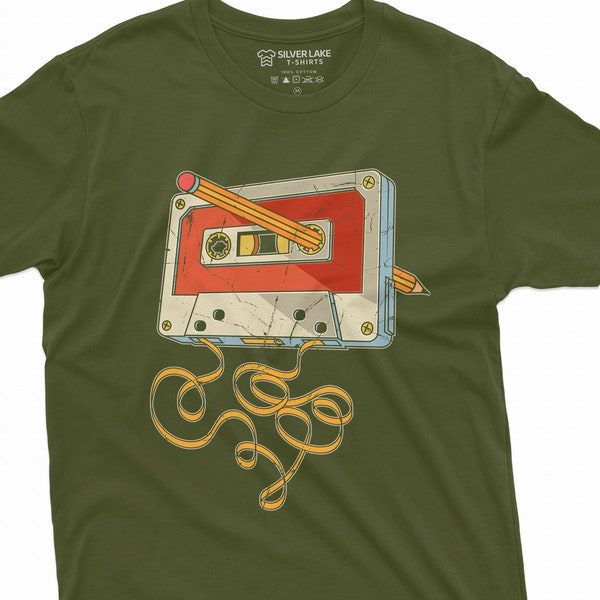 Men's vintage cassette tape with pencil T-shirt 80s 90s born nostalgic birthday gift Christmas funny tee